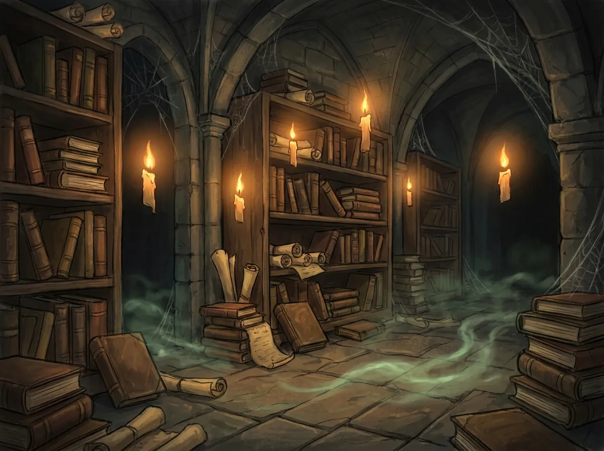 Tall stacks of aged scrolls and leather tomes in a dim candlelit library alcove