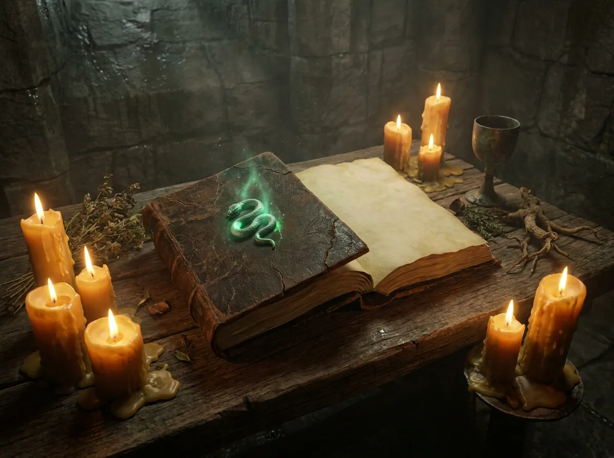 An ancient spellbook with a glowing snake emblem, open on a candlelit altar