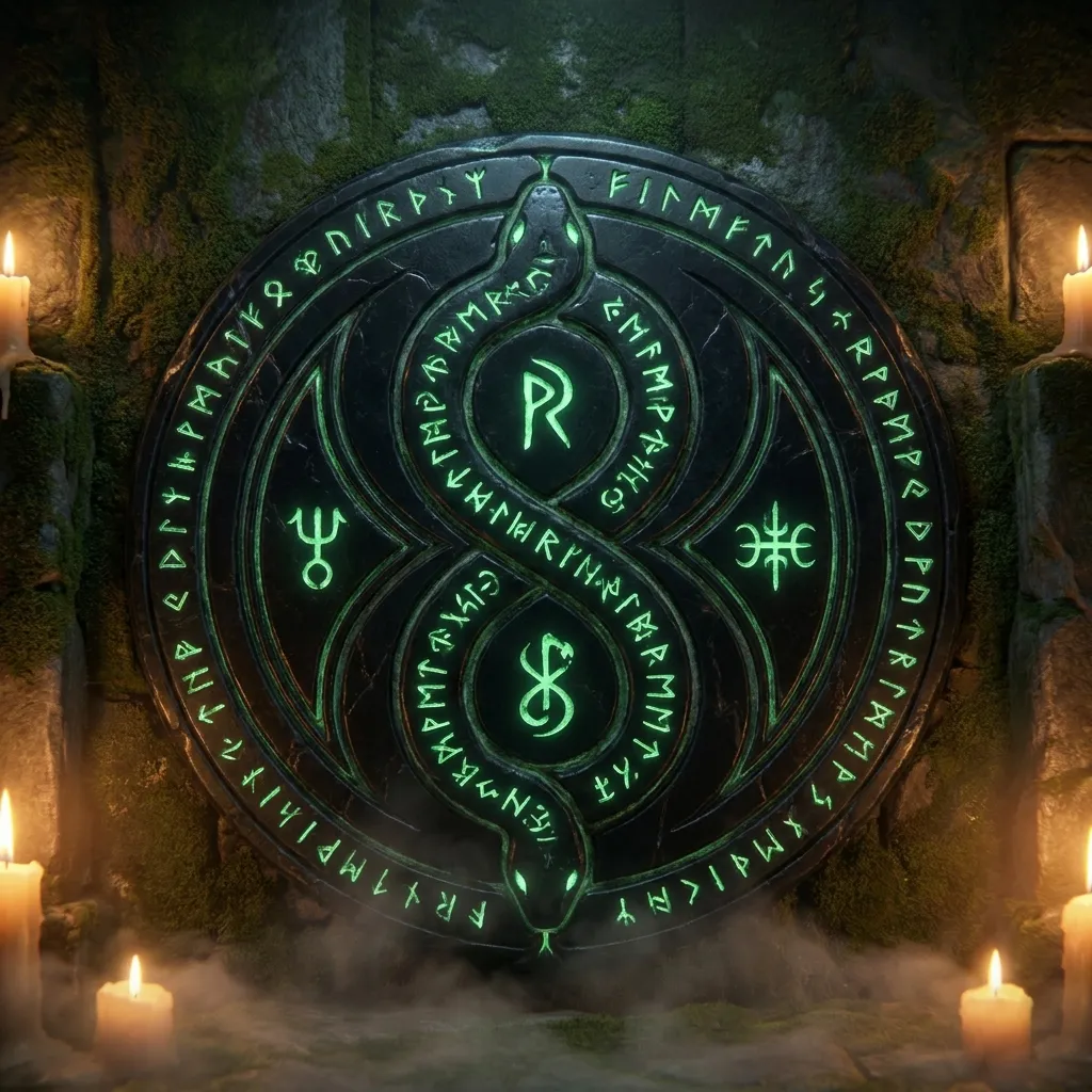 An ornate circular sigil of a serpent coiled into a figure-eight, etched in stone and glowing faintly