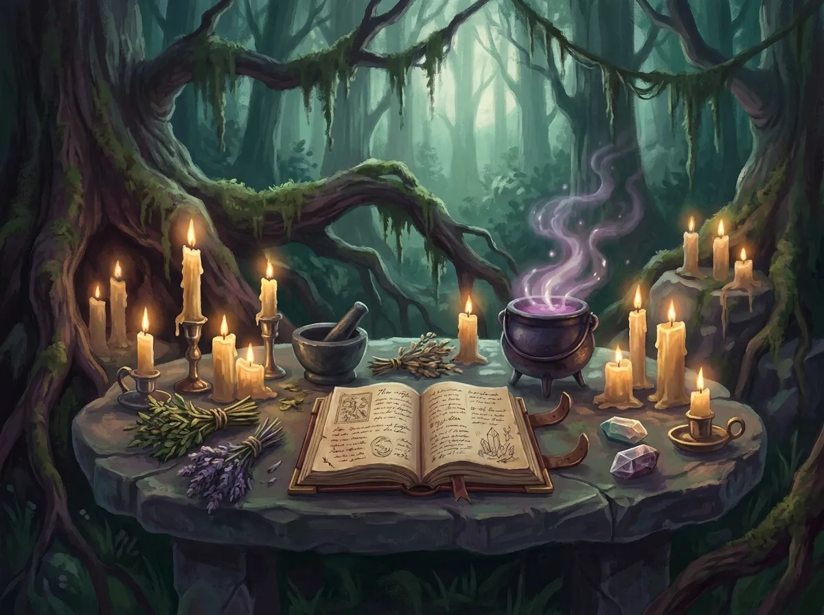 A candlelit ritual altar in a forest clearing with a spellbook, cauldron, and dried herbs