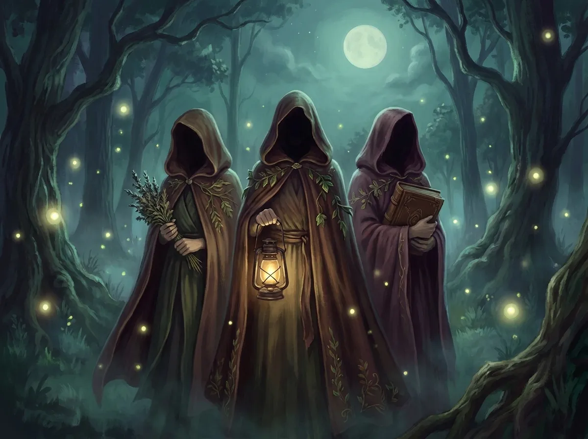 Three hooded witch sisters standing together in a moonlit forest clearing, one holding a lantern, one dried herbs, one an old book