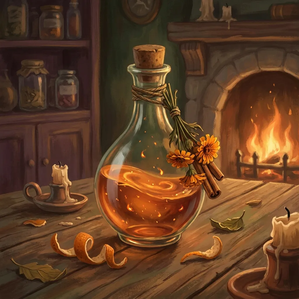 A corked glass bottle of glowing amber potion bundled with dried marigold and cinnamon sticks