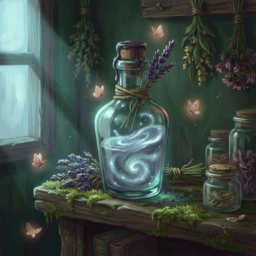A corked glass bottle of glowing silvery-blue potion tied with dried lavender, resting on a mossy shelf