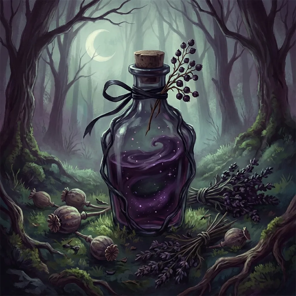 A dark glass bottle of violet-black potion tied with black ribbon among poppy pods