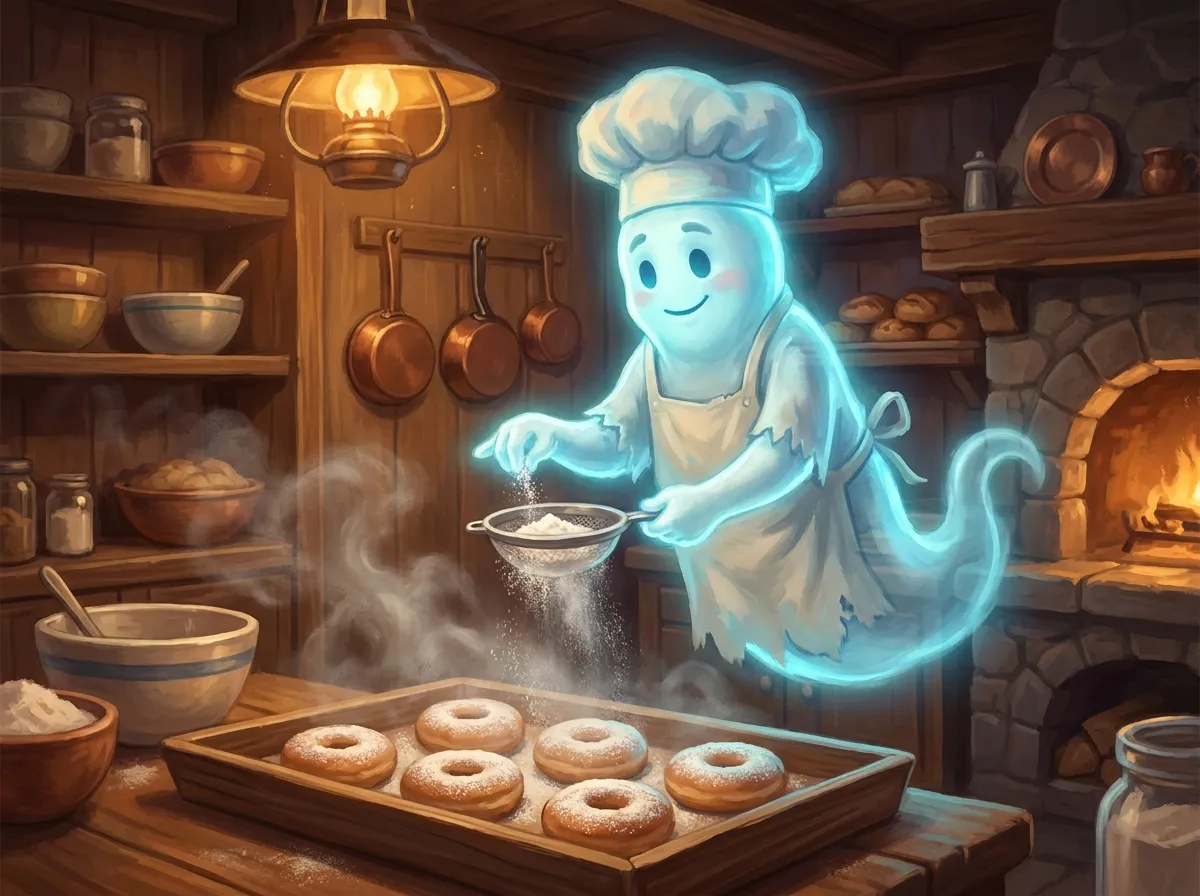 A translucent, ghostly baker in an apron dusting flour over a tray of donuts in a warmly lit kitchen