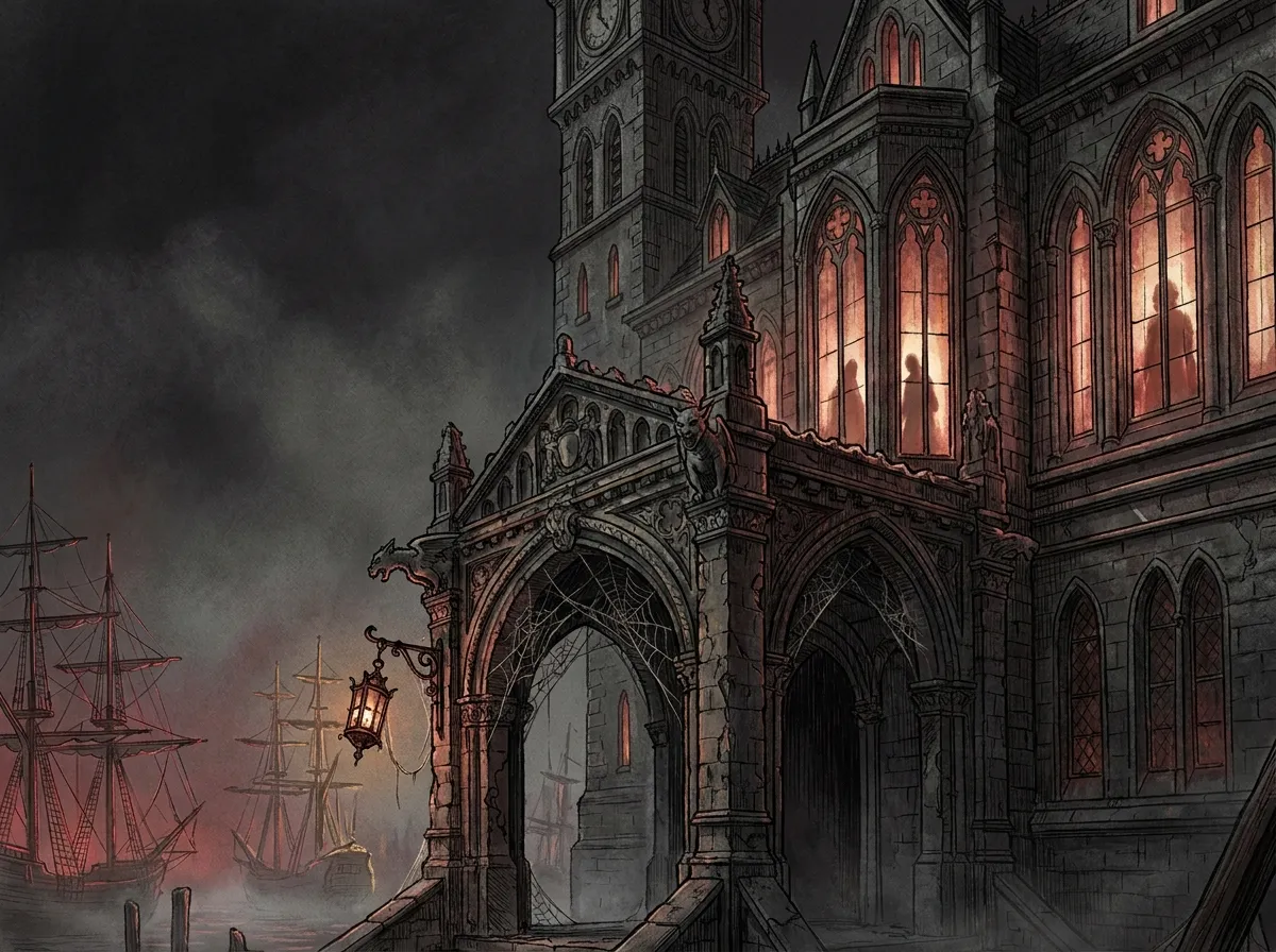A grand, decaying Victorian customs house glowing faintly with candlelight behind foggy arched windows, a lantern swinging by its cobweb-draped door.