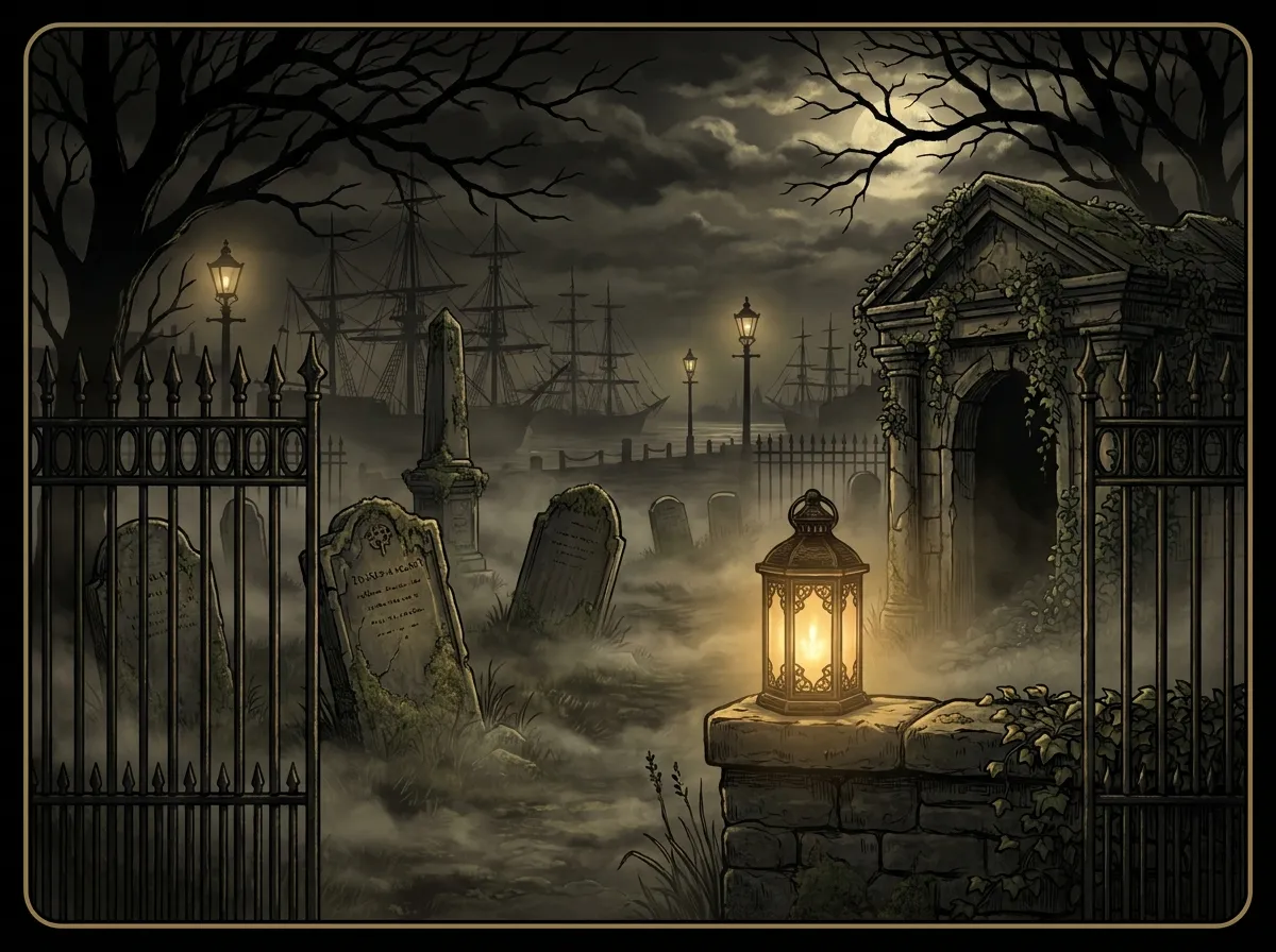An old dockside graveyard with tilted weathered headstones and an ivy-covered crypt, a single lantern glowing on a low wall through drifting fog.
