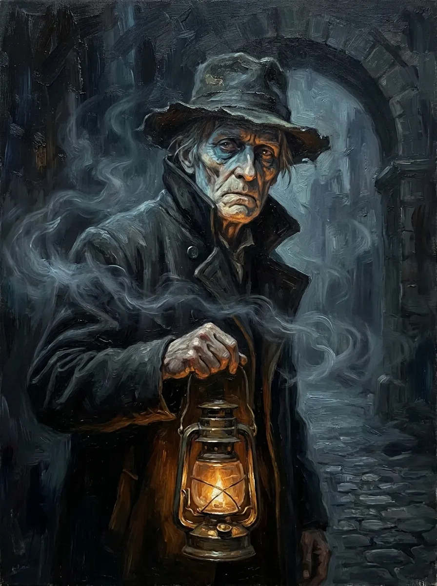 A painted Victorian-style portrait of Mordecai Ashworth, an elderly guide in a long dark coat, holding a brass lantern that lights their weathered face against a foggy dark background.