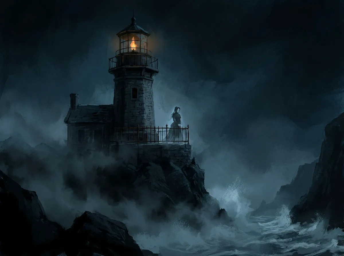 A crumbling lighthouse on a foggy rocky point at night, its lamp flickering, a pale figure in old mourning dress standing at the railing above crashing waves.