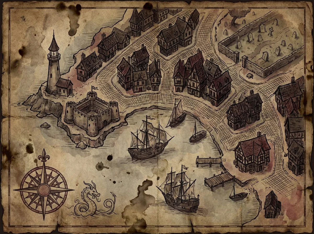 An antique hand-drawn map of Blackwater Harbour showing the winding route past the dockyard, customs house, lighthouse, inn, graveyard and harbourmaster's office.