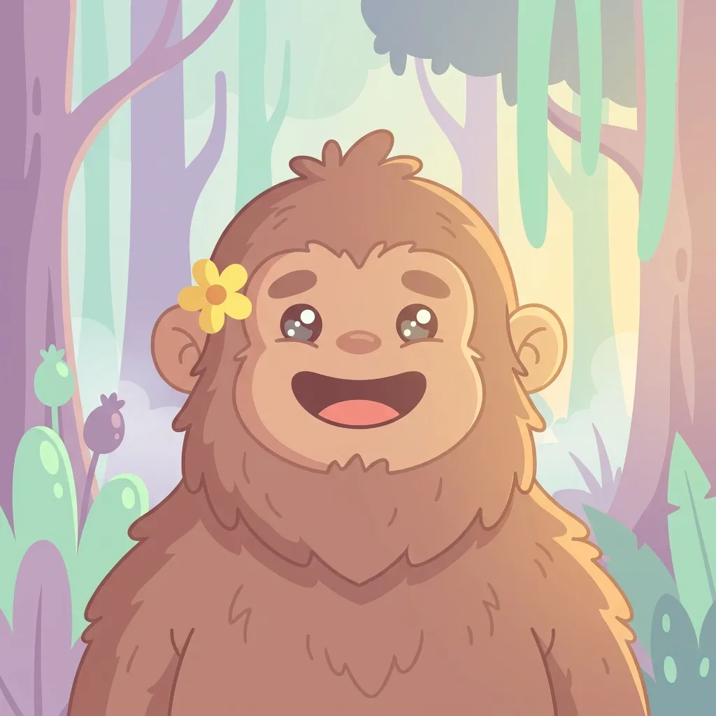 Cartoon portrait of a smiling, friendly Bigfoot with a flower behind his ear.