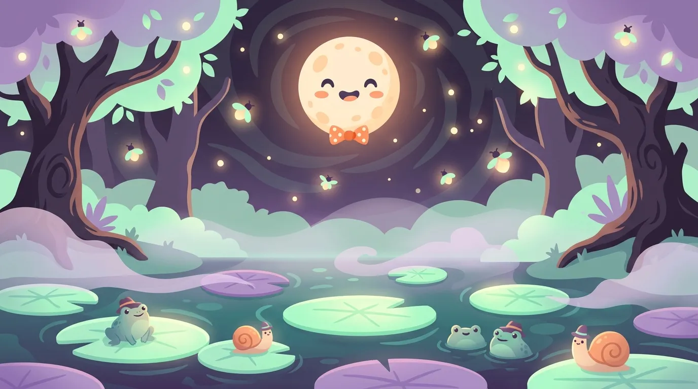 A cozy, glowing swamp at night with fireflies, fog and a smiling moon.