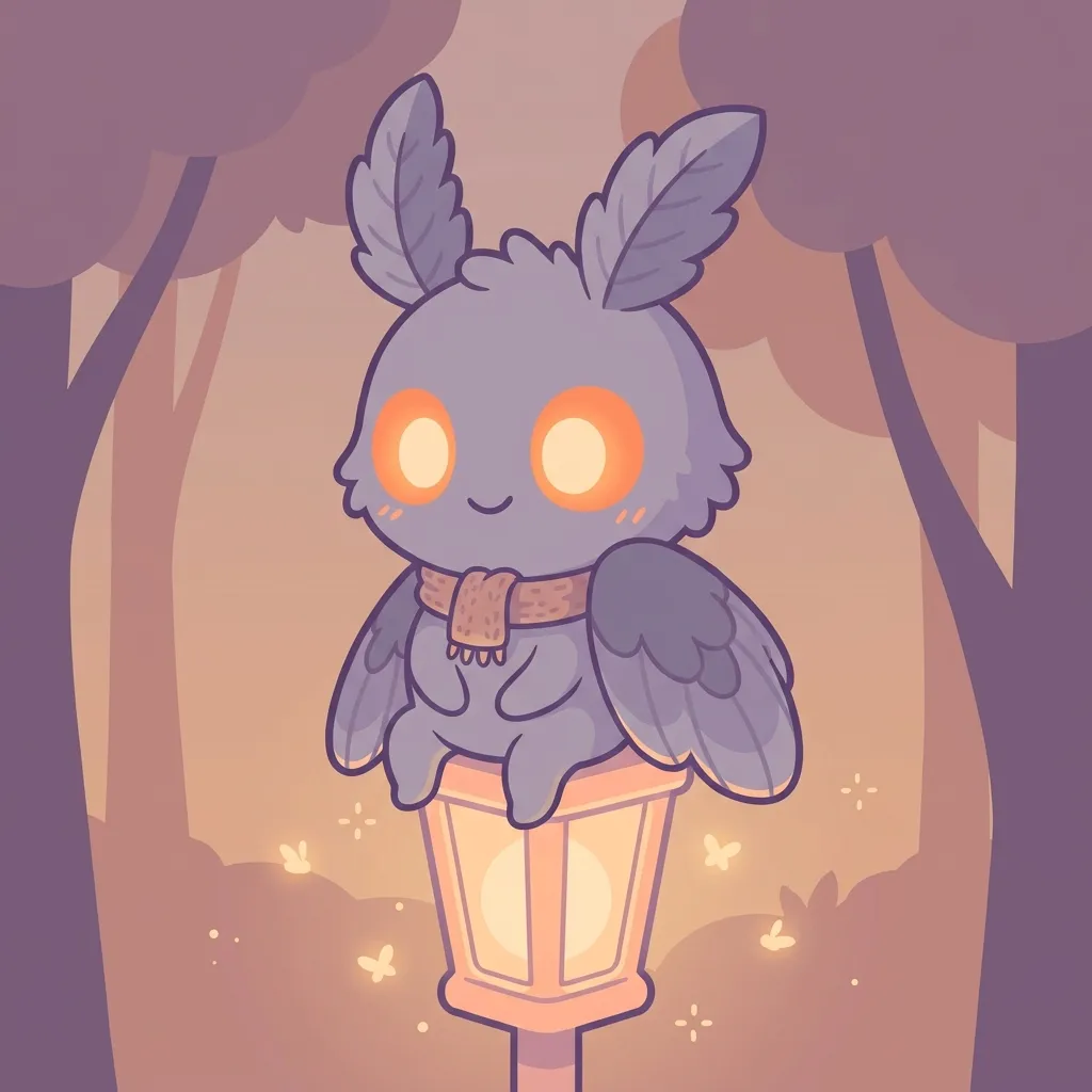 Cartoon portrait of a smiling Mothman with big glowing eyes near a lamppost.