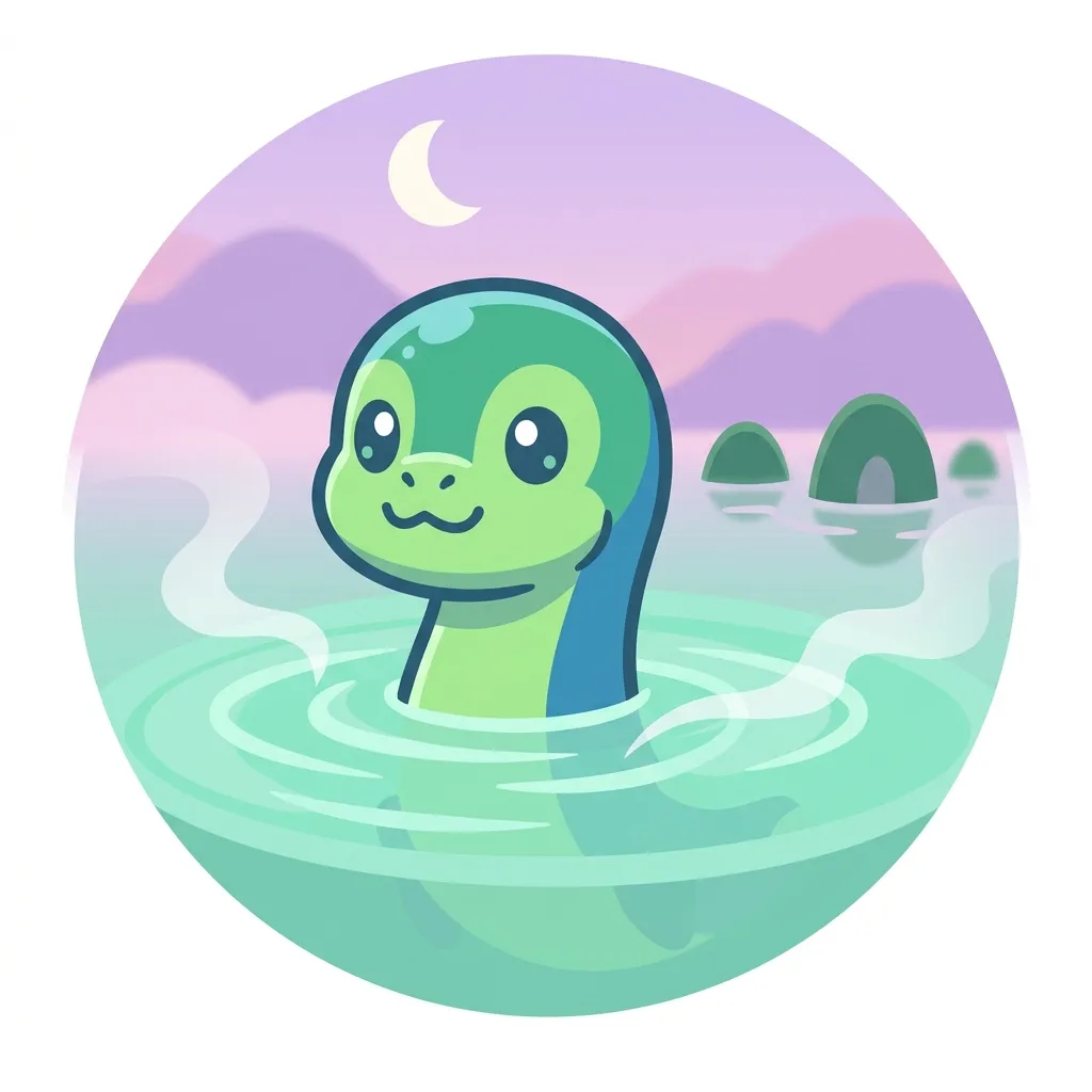 Cartoon portrait of a smiling Loch Ness Monster peeking out of misty water.