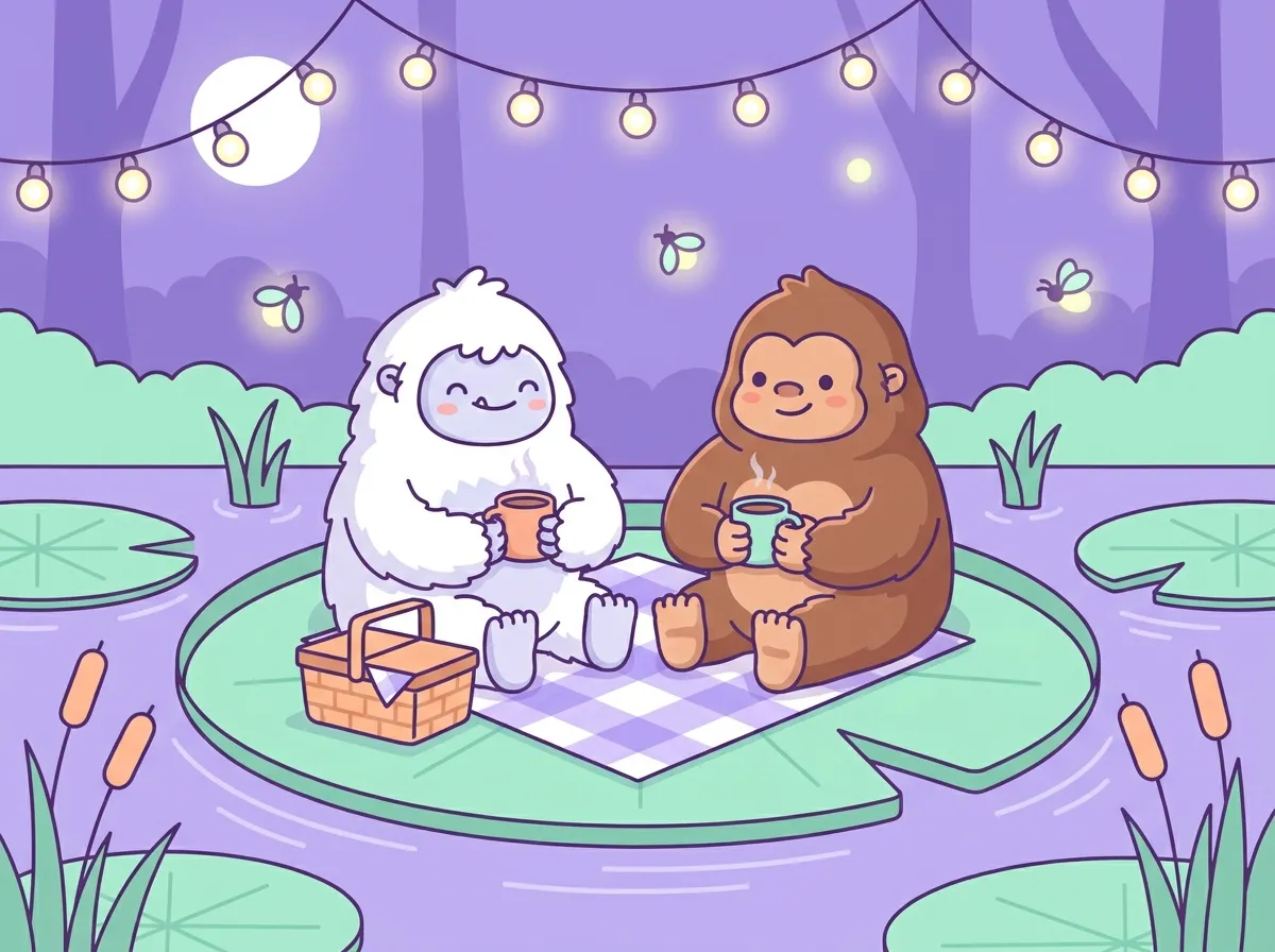 A fluffy Yeti and a friendly Bigfoot sitting together on a lily pad at a cozy swamp picnic under string lights.
