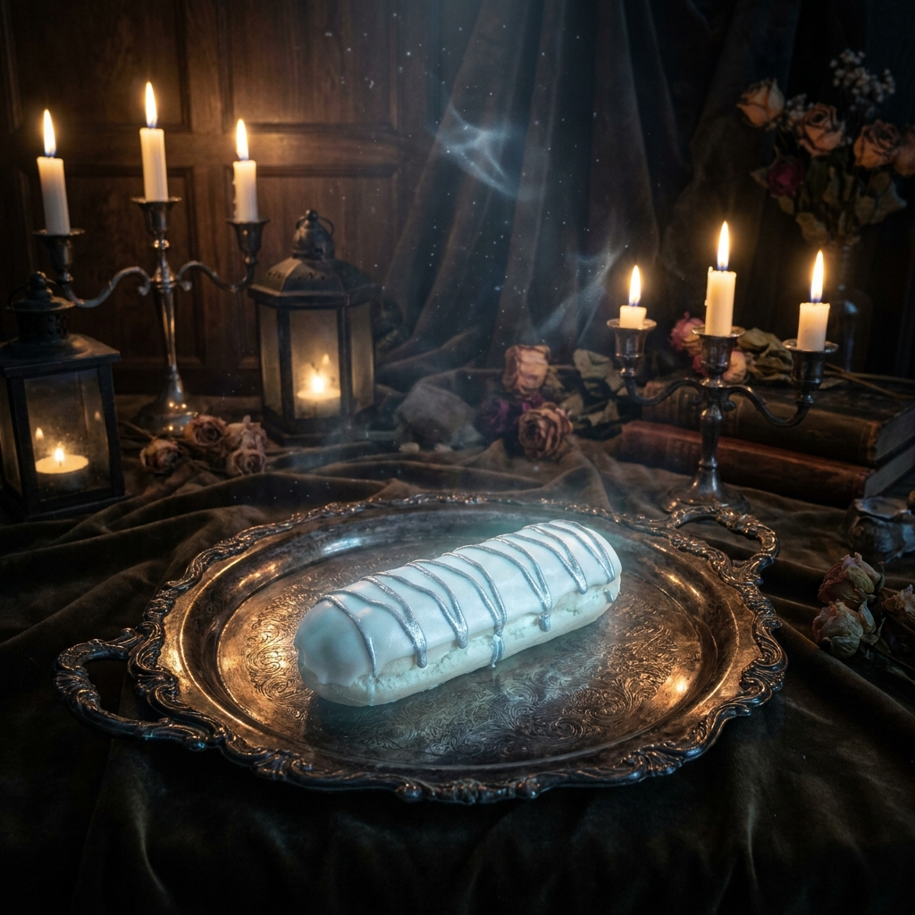 A pale, glowing white eclair drizzled with silvery icing, arranged on an antique silver tray in candlelight.