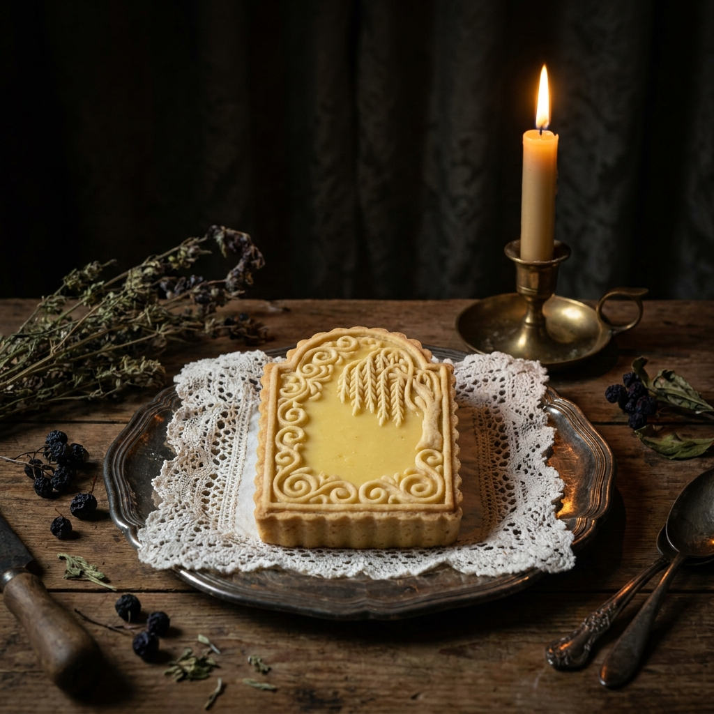 A rectangular lemon tart carved to look like a small tombstone, with a glowing candle-lit engraving, on a lace doily.
