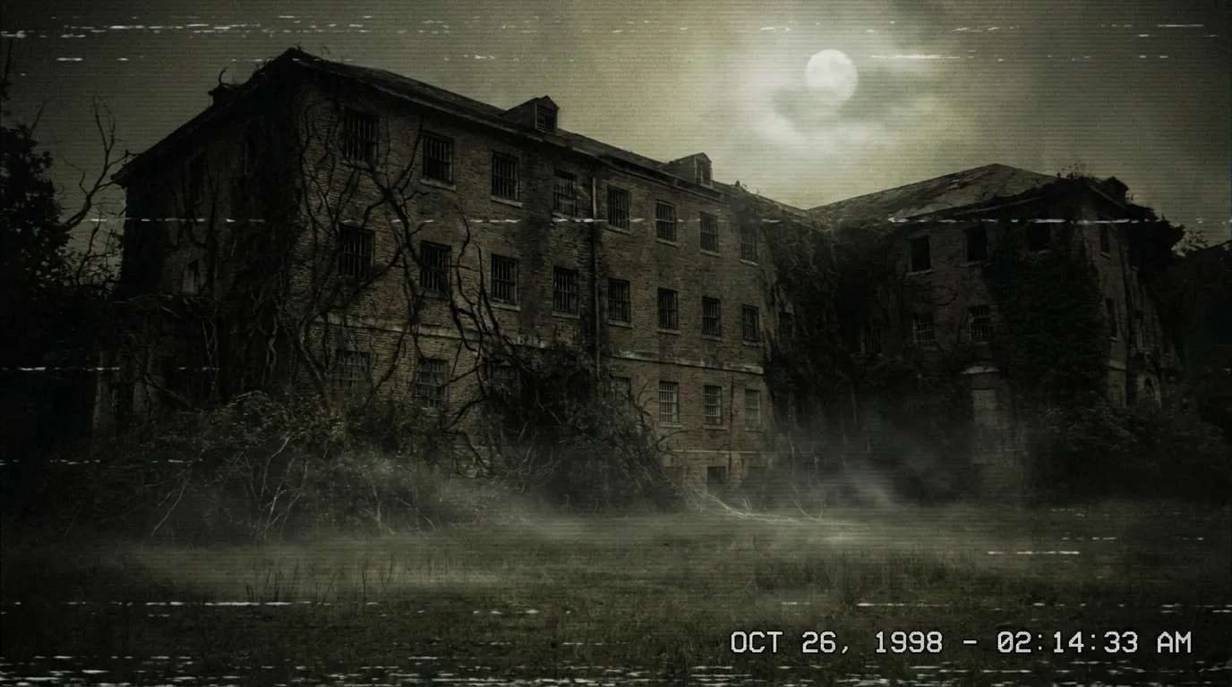 The Hollow Asylum building at night under a pale moon, surrounded by fog.