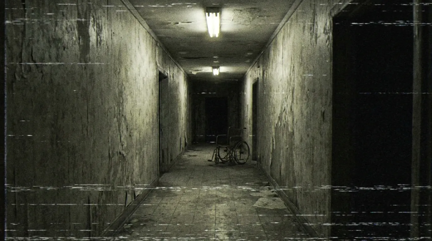 A dim, flickering hallway inside the abandoned Hollow Asylum, lined with peeling wallpaper and overturned furniture.
