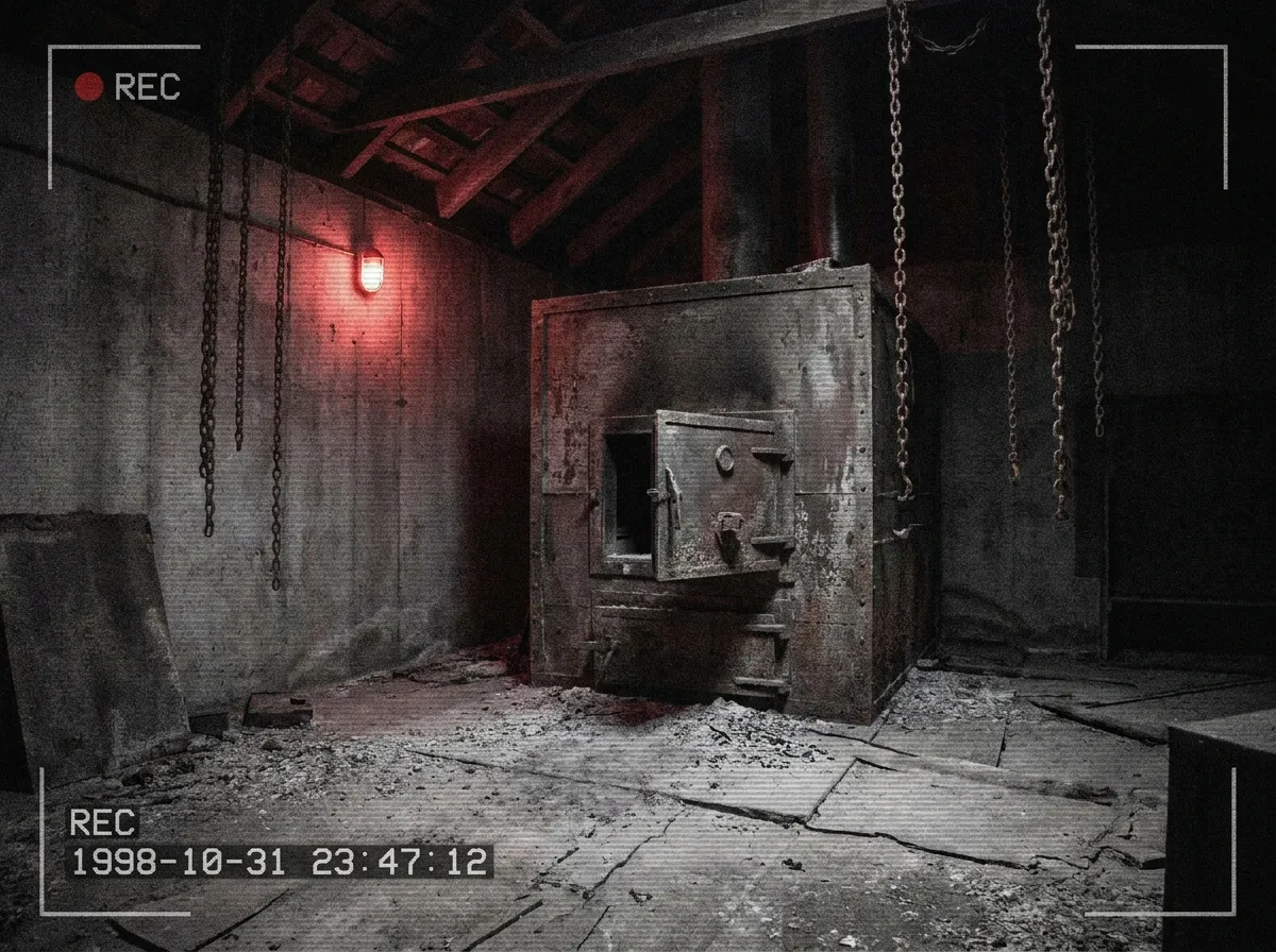 A dark incinerator room with a rusted furnace and chains hanging from the ceiling, lit by dim red emergency light.