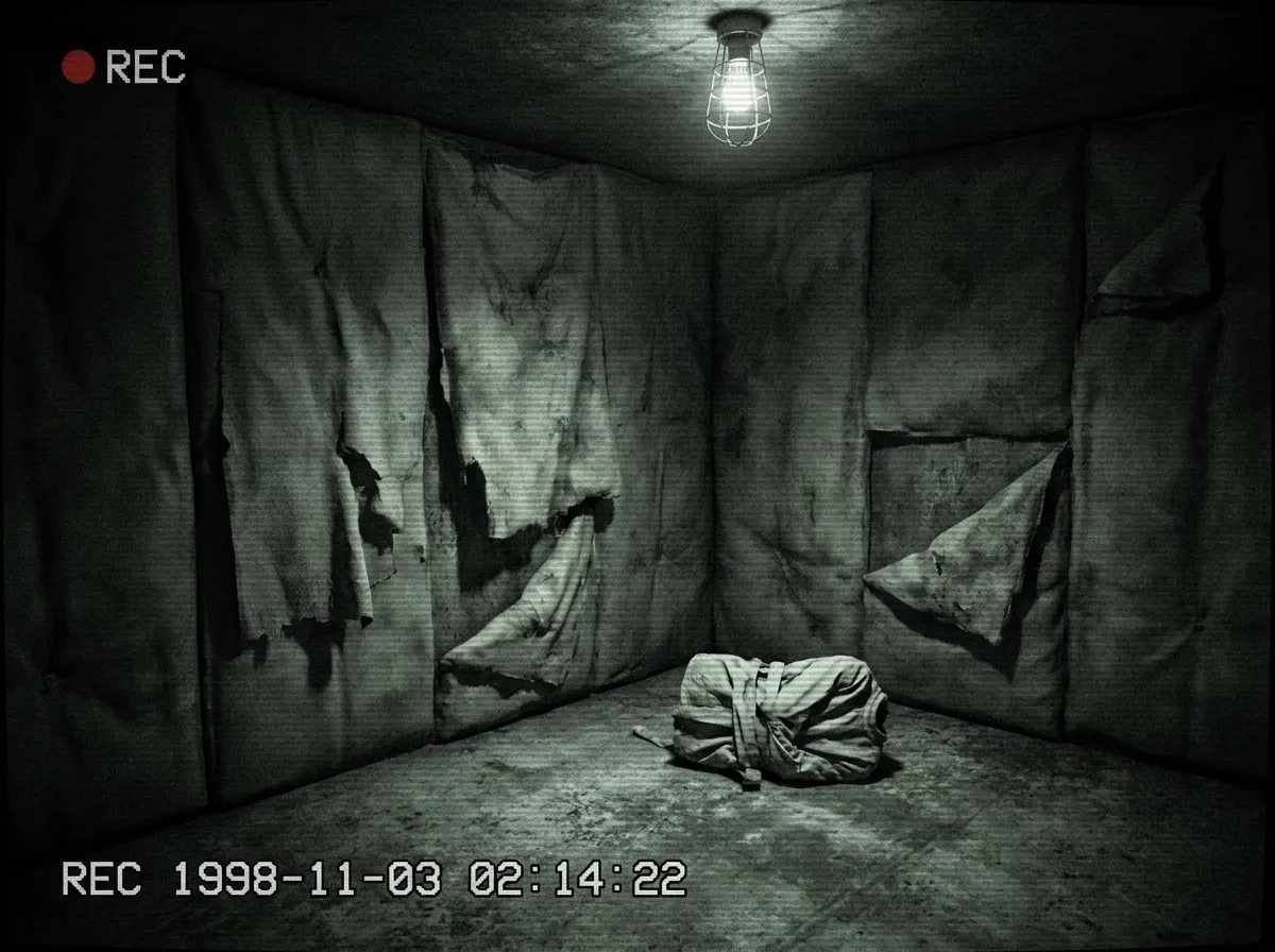 A padded isolation cell with a torn straitjacket on the floor, lit by a single flickering bulb.