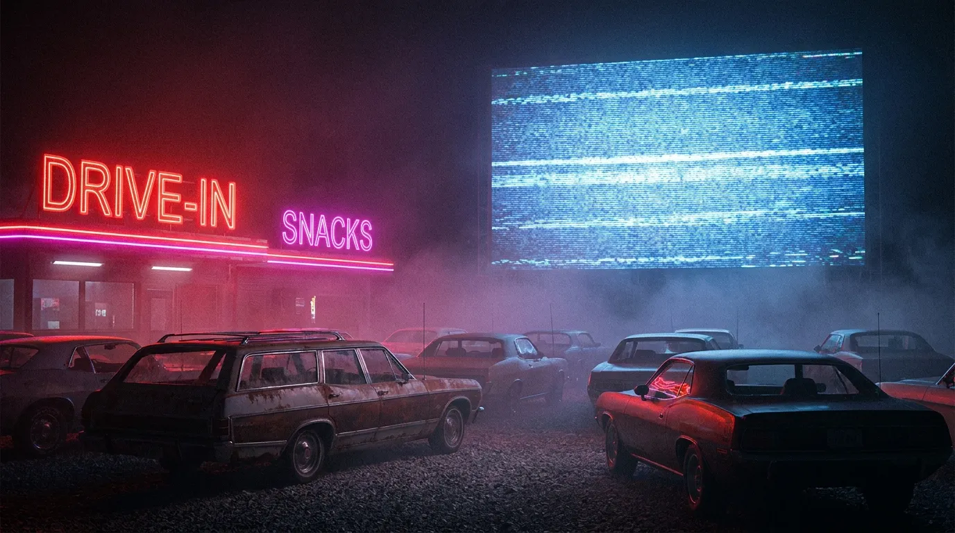 A foggy 1980s drive-in theater at night, screen glowing with static, neon red and magenta lights washing over rows of parked cars.