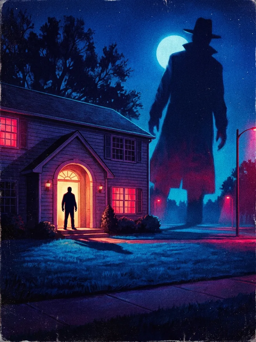 Poster for The Babysitter's Grave: a babysitter silhouetted in a doorway with a shadowy figure looming on the lawn.