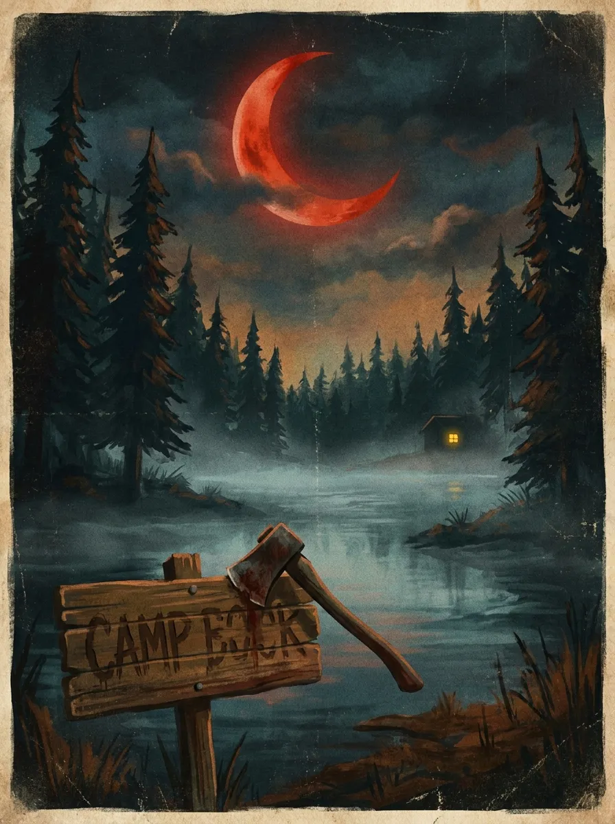 Poster for Camp Blackwater: a misty lake at night with an axe embedded in a wooden camp sign under a red moon.