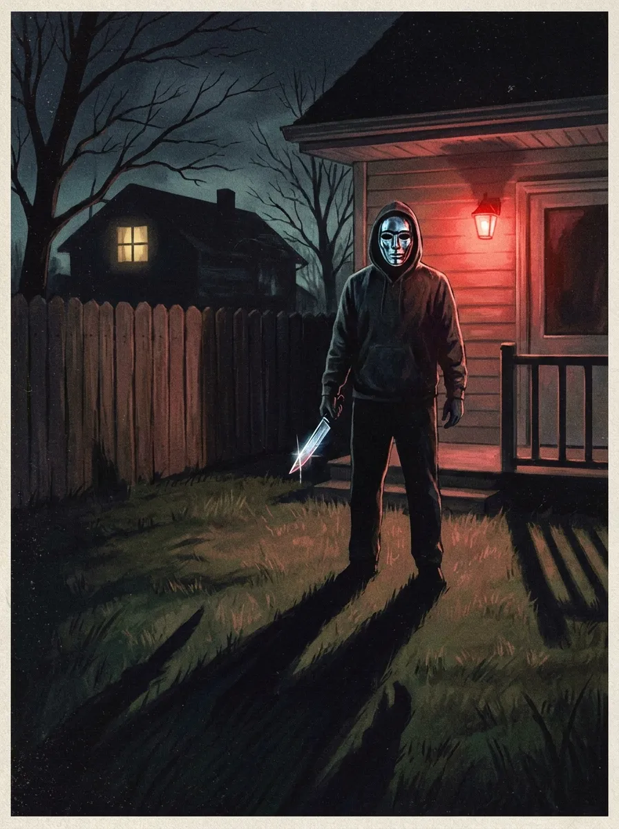 Poster for Chrome Fangs: a killer in a chrome reflective mask holding a knife in a red-lit backyard.