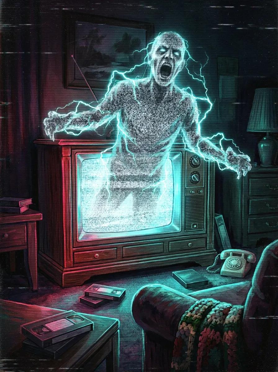 Poster for Static Screamer: a screaming figure made of television static emerging from an old CRT television.