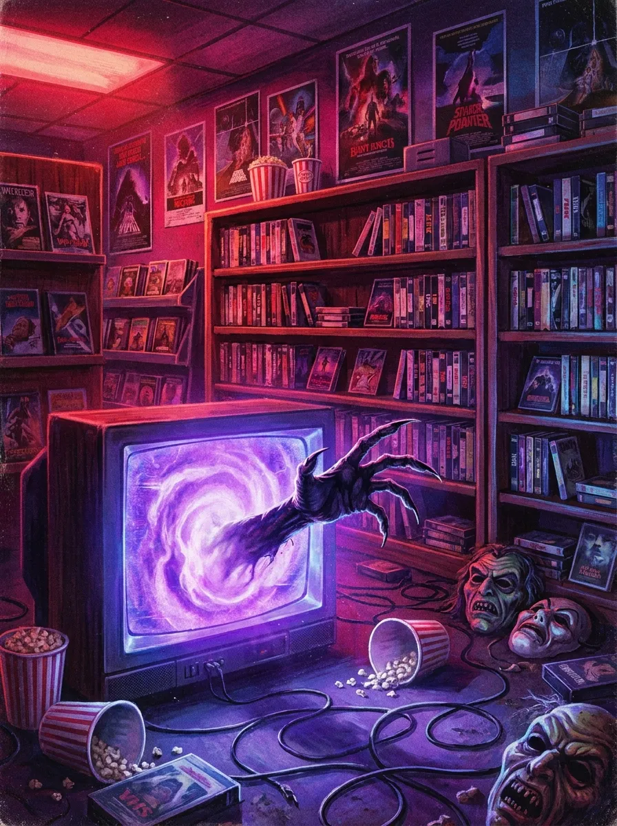 Poster for Night of the Video Store: a cluttered video rental store with a shadowy clawed hand reaching from a glowing television.