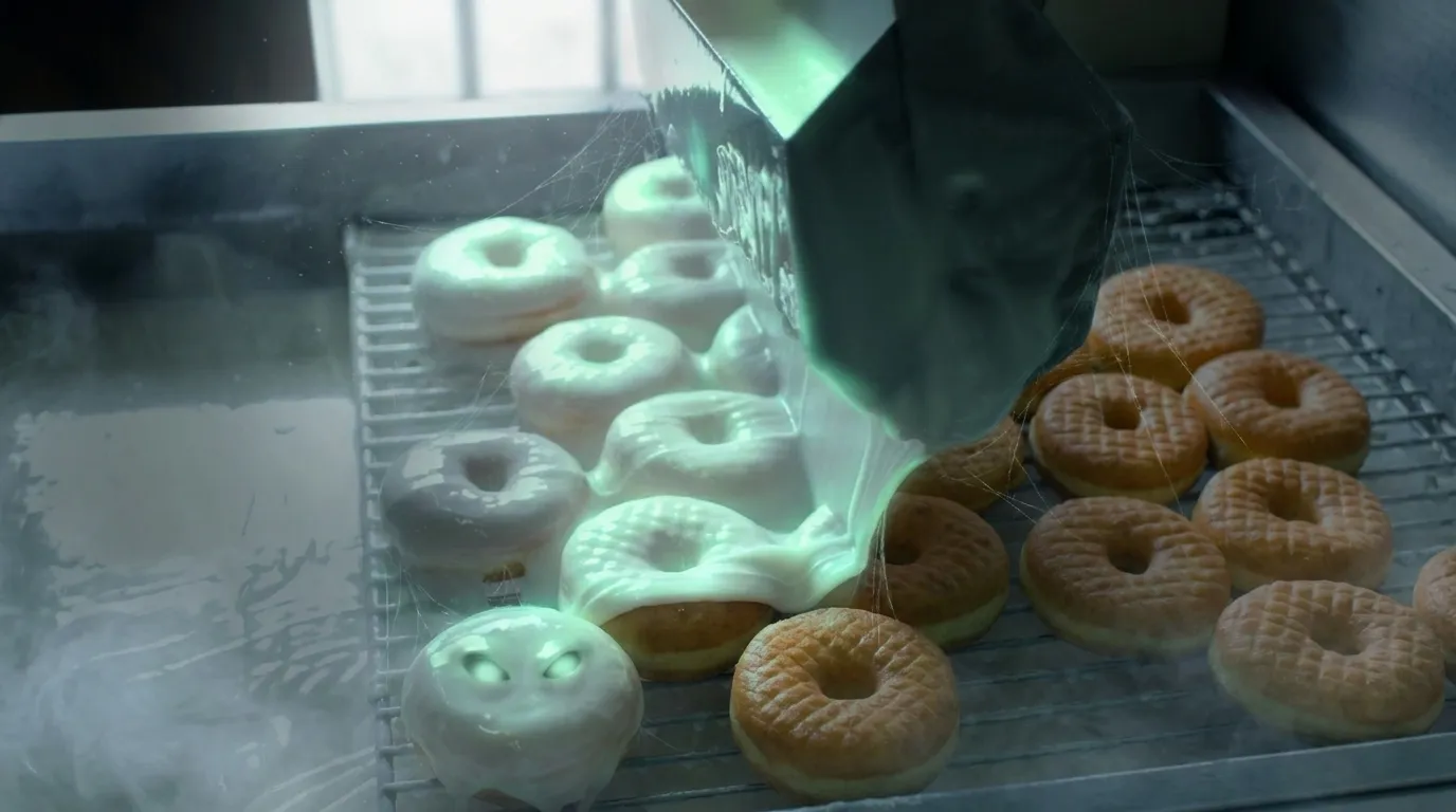 An industrial bakery scene of fresh donuts on a cooling rack being coated in thick white glaze poured from a steel spatula, but haunted: the glaze glows faintly like pale ectoplasm, cold mist creeps across the counter and fine cobwebs stretch between the rack wires