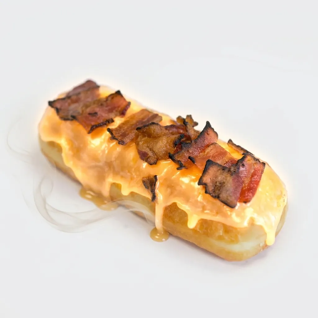 A maple bacon donut brought to life and haunted, its glaze glowing like amber ectoplasm with faintly charred, ashen bacon strips