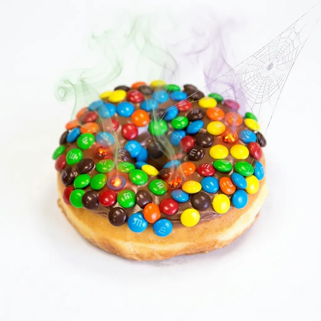 An M&Ms donut brought to life and haunted, with a few candies glowing like faint embers and mist drifting from the frosting