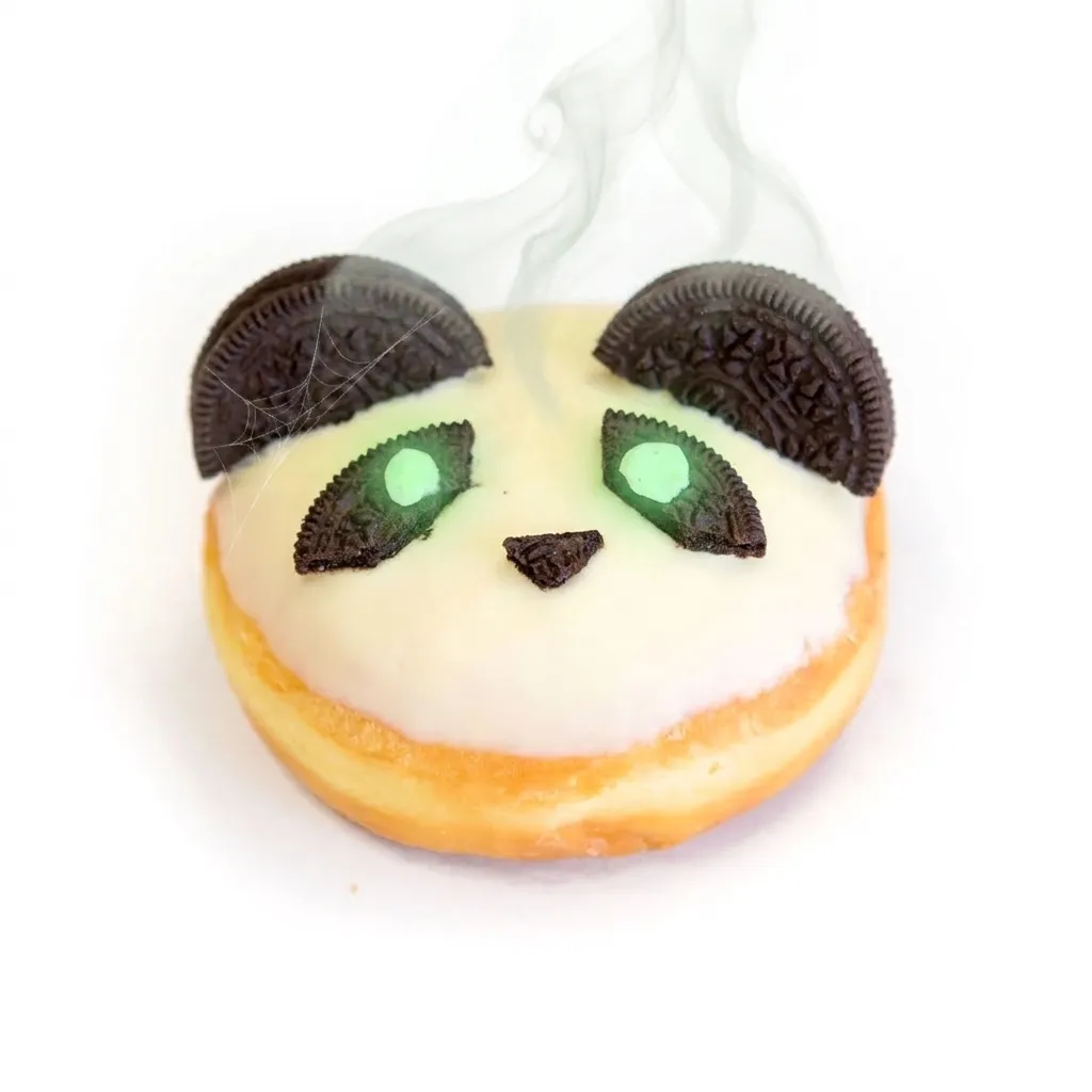 A panda-face donut brought to life and haunted, its cookie eyes glowing faintly green with a wisp of mist rising behind its ears
