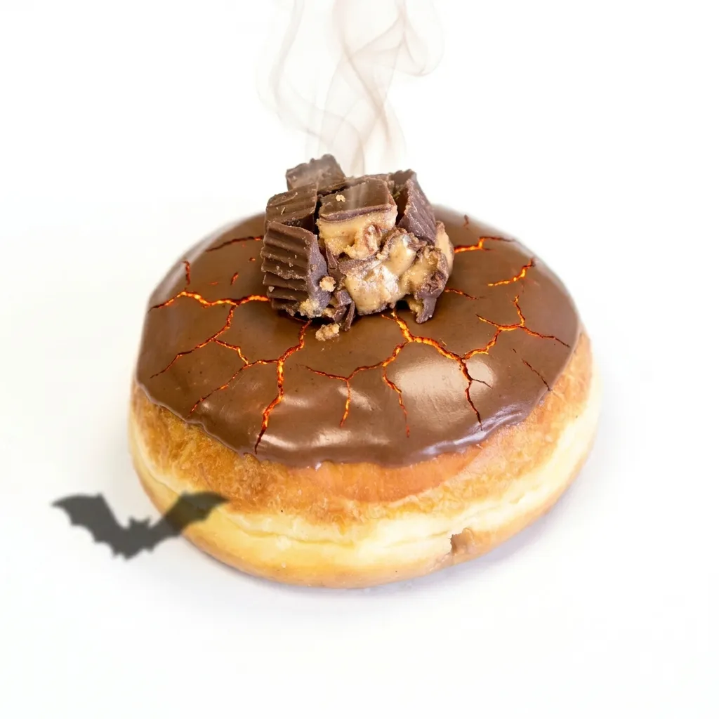 A chocolate donut topped with peanut butter cup pieces, brought to life and haunted, with faintly glowing cracks in the glaze