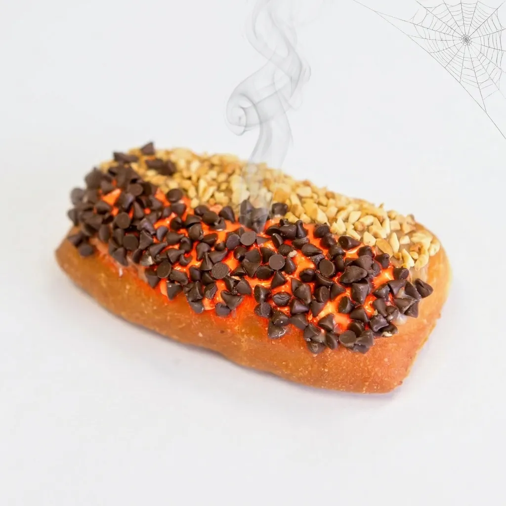 A caramel, chocolate chip and peanut donut brought to life and haunted, its caramel glowing like warm lava veins